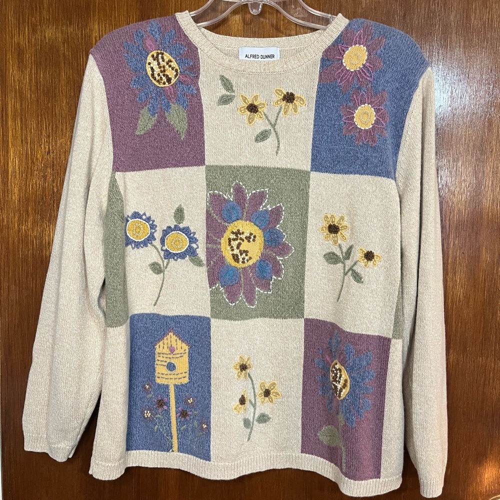 Alfred Dunner Beige Floral Knit Sweater